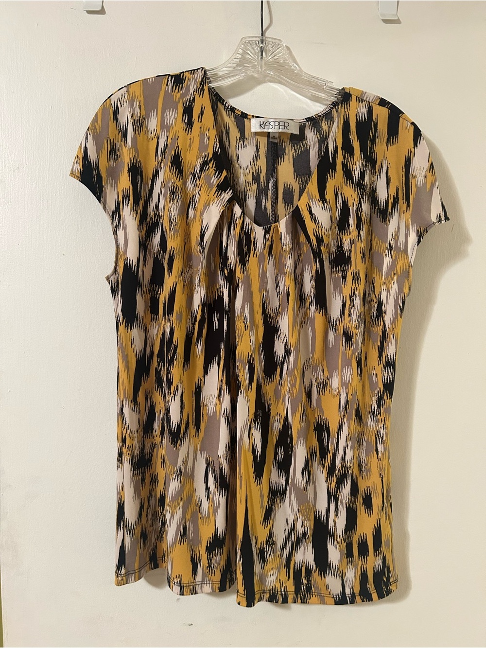 Kasper Yellow Black Cream Abstract Short Sleeve Blouse